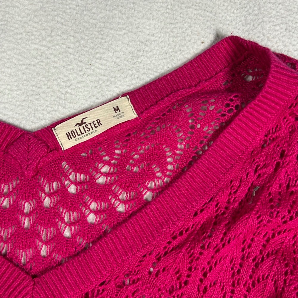 Hollister Women Hot Pink Pointelle V-Neck Open Knit Chevron Sweater Medium Lace - Picture 2 of 7